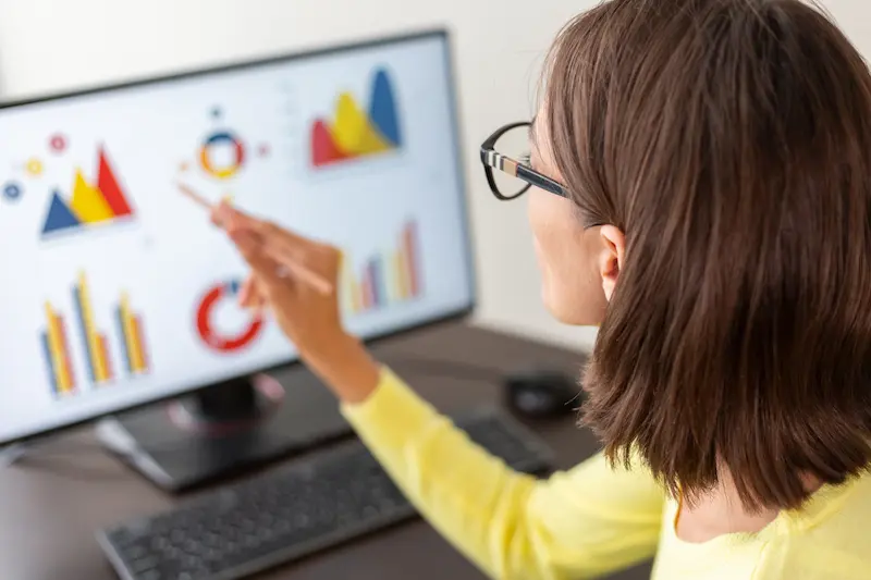 Advisor Financial Business Analytics Woman With Data Dashboard Graphs